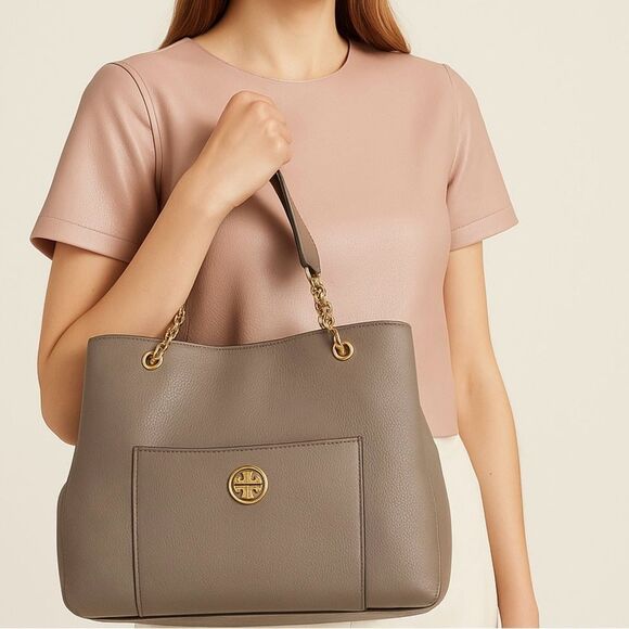 Tory Burch Gray Leather Shoulder Bag Tote - Picture 10 of 14